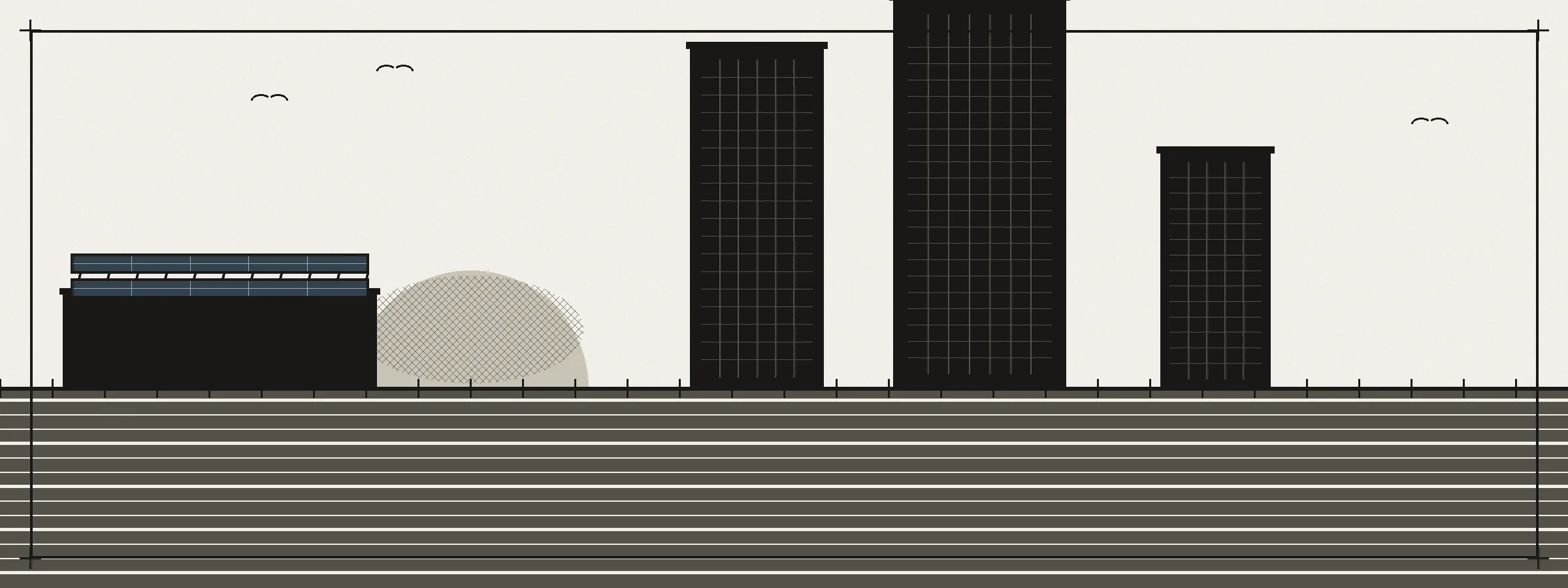 Illustrated elevation of the Chicago lakefront: a lake band below flat-roof towers with mullion grids, a low commercial slab with rooftop solar panels, and a large half-set sun disc