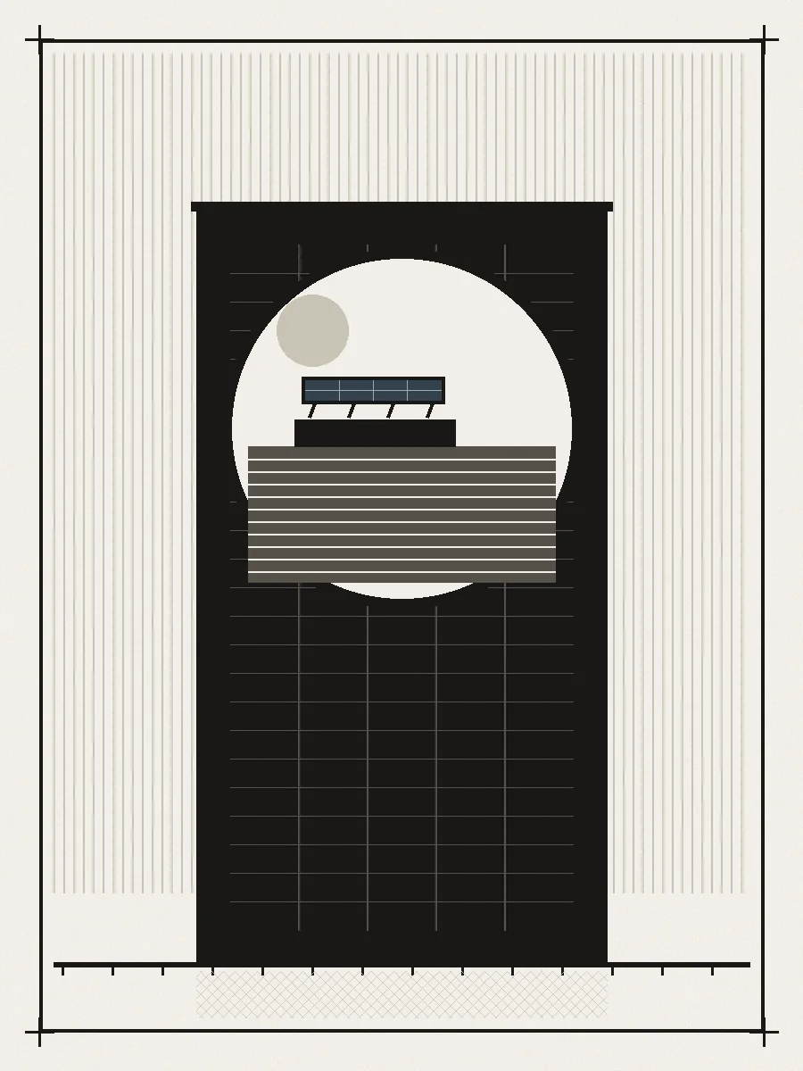 Elevation drawing of a mullion-grid tower with a circular cut containing a small illustrated lakefront scene with solar panels