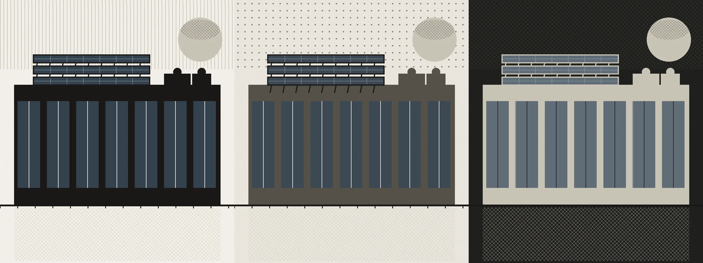Three-panel illustration repeating one flat-roof building with rooftop solar panels in three tones, near-black then warm gray then charcoal